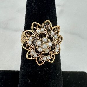 Vintage Cocktail Ring Victorian Revival Gold Tone Filigree Faux Pearl Adjustable